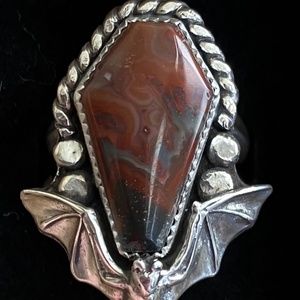 Handmade sterling jasper coffin bat ring